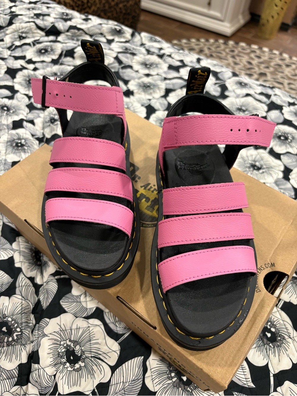 Dr. Martens Pink Strappy Platform Sandals with Yellow Stitching